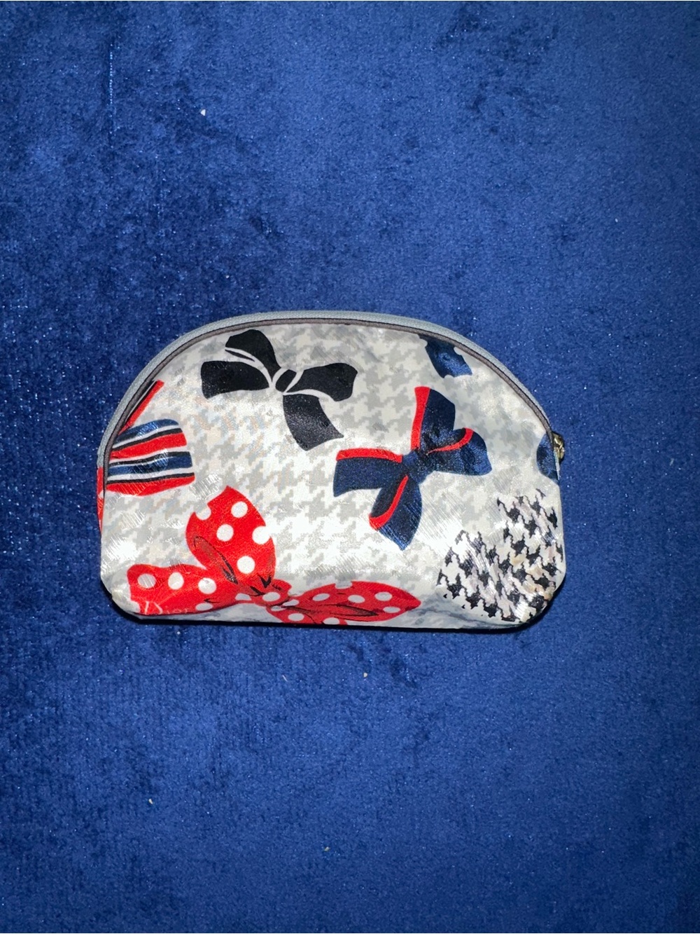 Christian Dior Vintage Houndstooth Bows Red Blue Cosmetic Pouch USA 90s Makeup - Picture 1 of 12